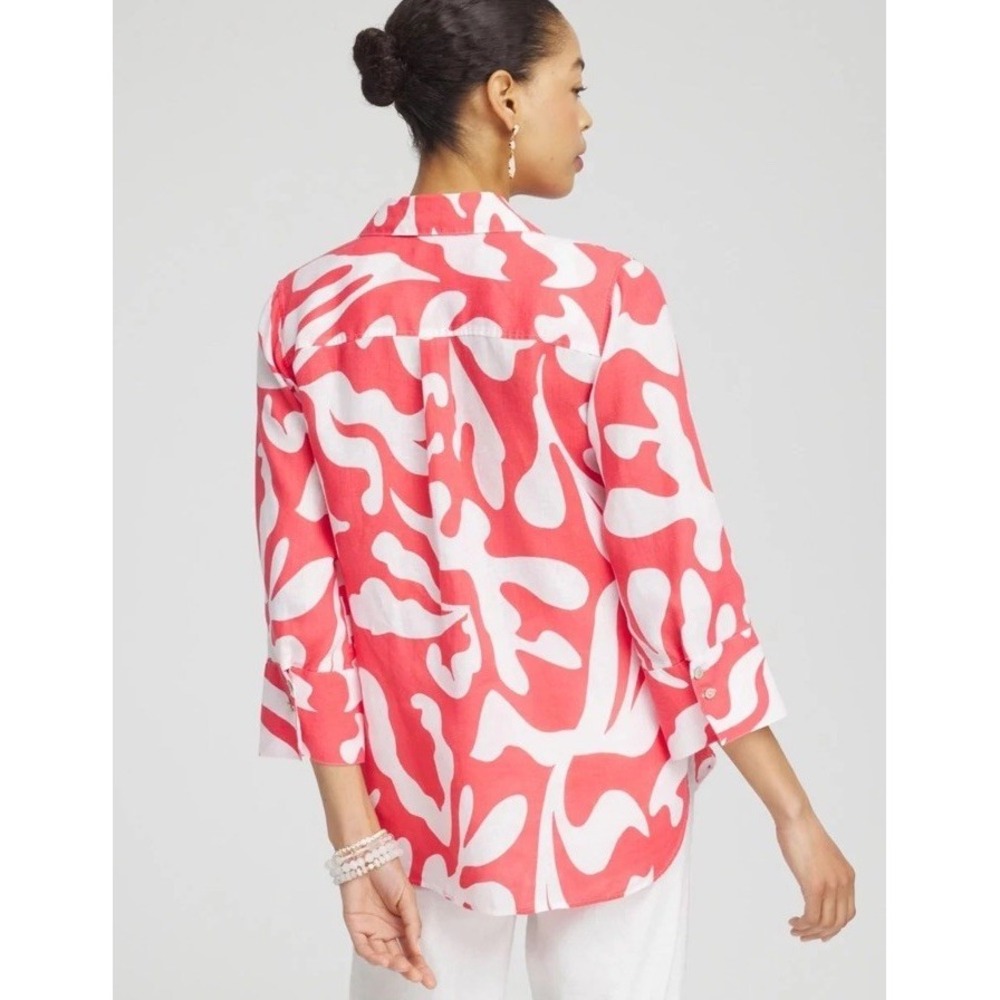 NEW Chicos No Iron Linen Reef 3/4 Sleeve Button Up Sz 2 US 12 Watermelon Punch - Picture 2 of 9